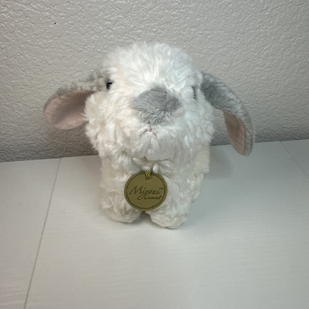Miyoni White Bunny Rabbit Stuffed Animal Plush By Aurora 7" Gray Ears Nose